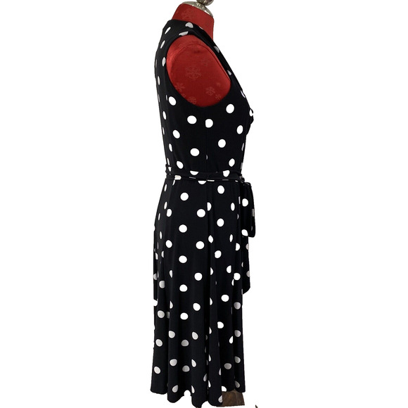 Lauren Ralph Lauren Black White Polka Dot Cocktail Dress Sleeveless 10 Waist Tie - Picture 5 of 10